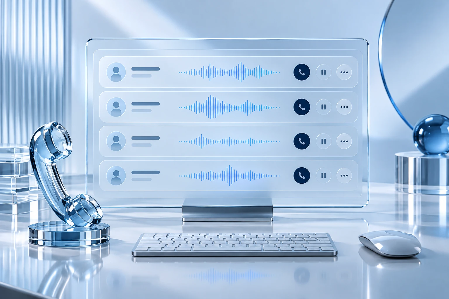 A glass-inspired dialer interface with call waveforms and a crystal telephone handset.