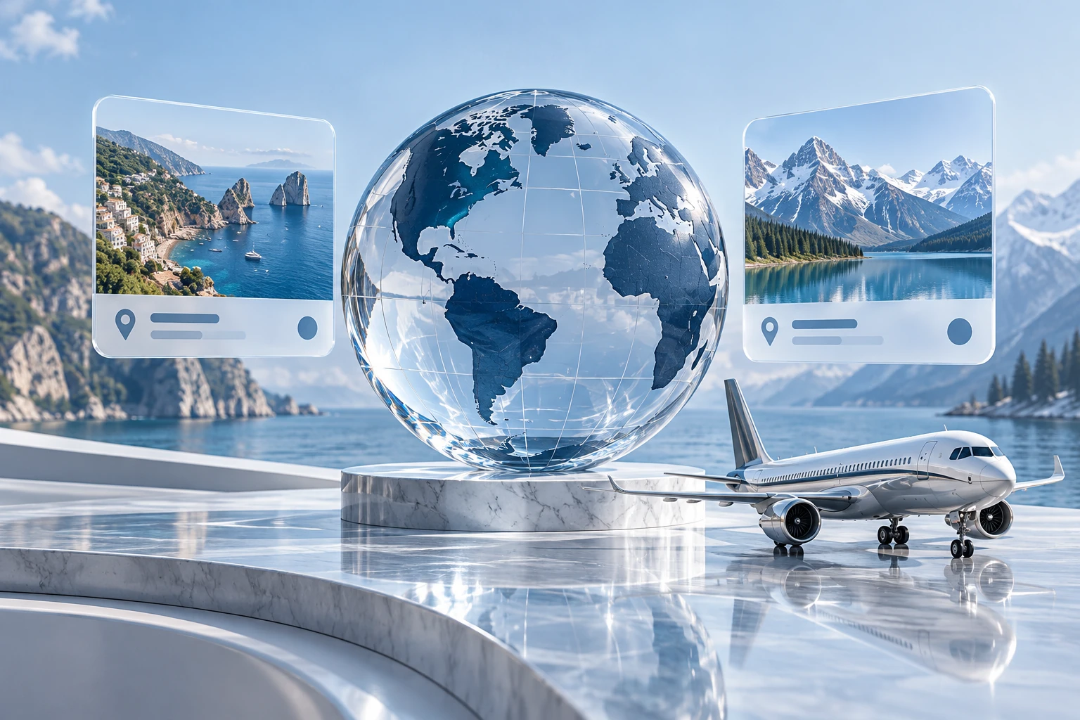 A crystal globe with an airplane and floating travel destination panels.